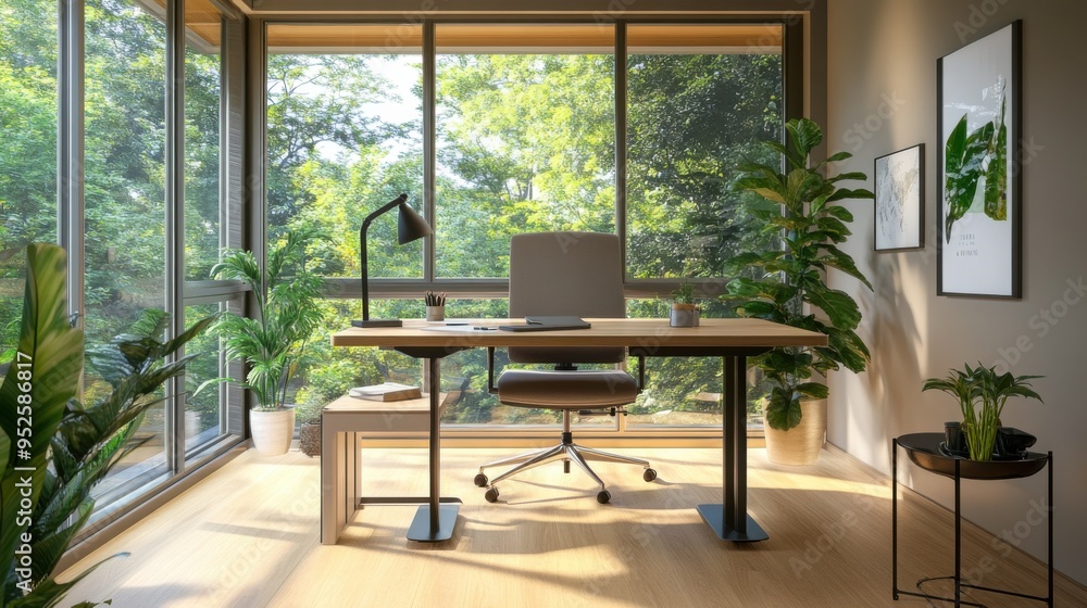 Modern Home Office with a View: Natural light floods this inspiring workspace, where a sleek desk, comfortable chair, and lush greenery create a serene and productive environment. Modern Home Office with a View: Natural light floods this inspiring workspace, where a sleek desk, comfortable chair, and lush greenery create a serene and productive environment.