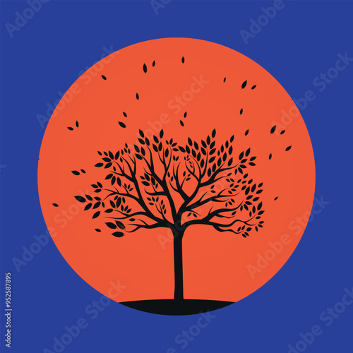 Black silhouette of tree with falling leaves in orange circle. Vector on a blue background.