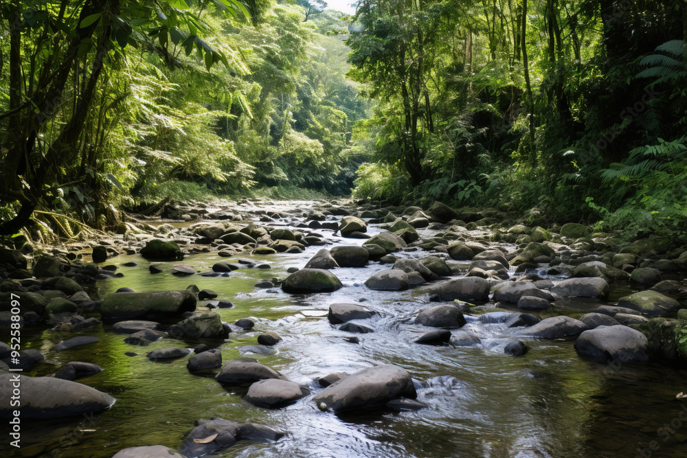 Fototapeta premium Serene River Flowing Through Lush Forest