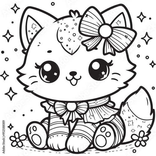 Cute cat cartoon line art coloring page for kids. Baby cat animal coloring book illustration