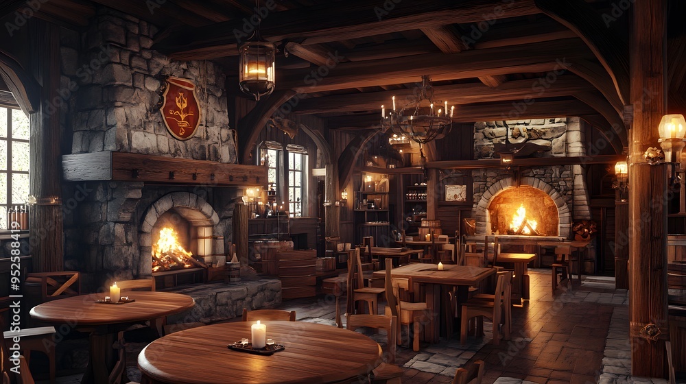 Cozy medieval tavern with wooden tables candlelight and a roaring fireplace Warm inviting ambiance with rich wood tones soft flickering light detailed 3D rendering Cozy medieval tavern with wooden tables candlelight and a roaring fireplace Warm inviting ambiance with rich wood tones soft flickering light detailed 3D rendering