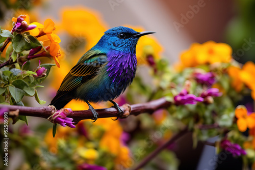 Vibrant Tropical Bird Perched on Branch with Flowers