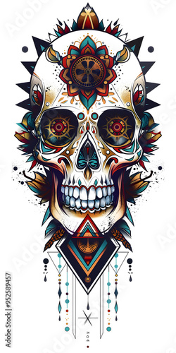 Tribal Geometric Skull tattoo flash styles illustration