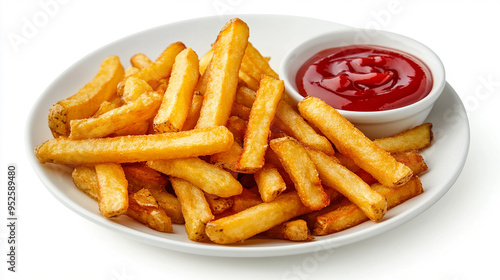 Plate of Tasty French Fries with Ketchup on White Background