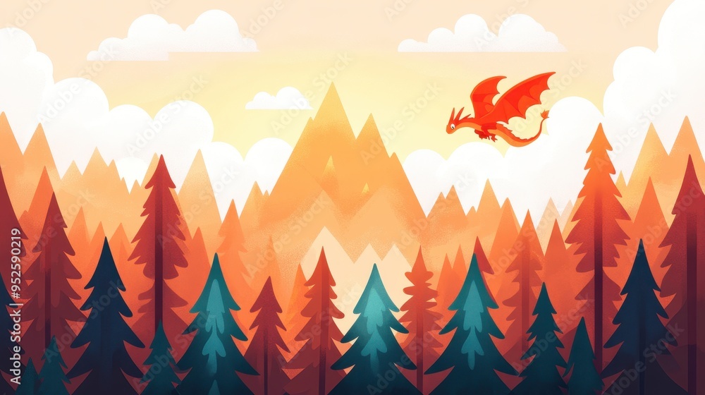 Retro Minimalist 8-Bit Dragon Flying Over Pixelated Forest with Copy Space for Sky in Fantasy Scene Retro Minimalist 8-Bit Dragon Flying Over Pixelated Forest with Copy Space for Sky in Fantasy Scene