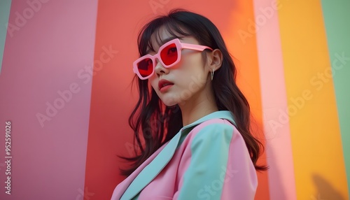 Wallpaper Mural photoshoot of an elegant a Asian woman wearing sunglasses and stylish , standing in front of colorful abstract shapes Torontodigital.ca