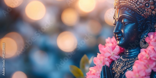 Statue of Lord Krishna adorned with flowers and jewelry, with bokeh lights in the background. Krishna Janmashtami and Hindu festival concept. Banner with copy space. photo