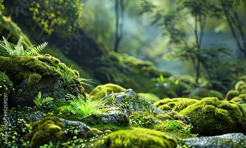  Lush Green Forest With Rocks And Moss
