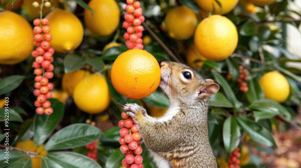 Obraz premium A squirrel is eating red berries on the tree