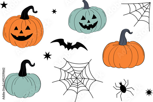 Cartoon vector set for Halloween with different pumpkins lantern, bat, spider web, stars. Hand drawn elements for celebrating autumn Saints holiday for design, card, flyer, poster, print, paper