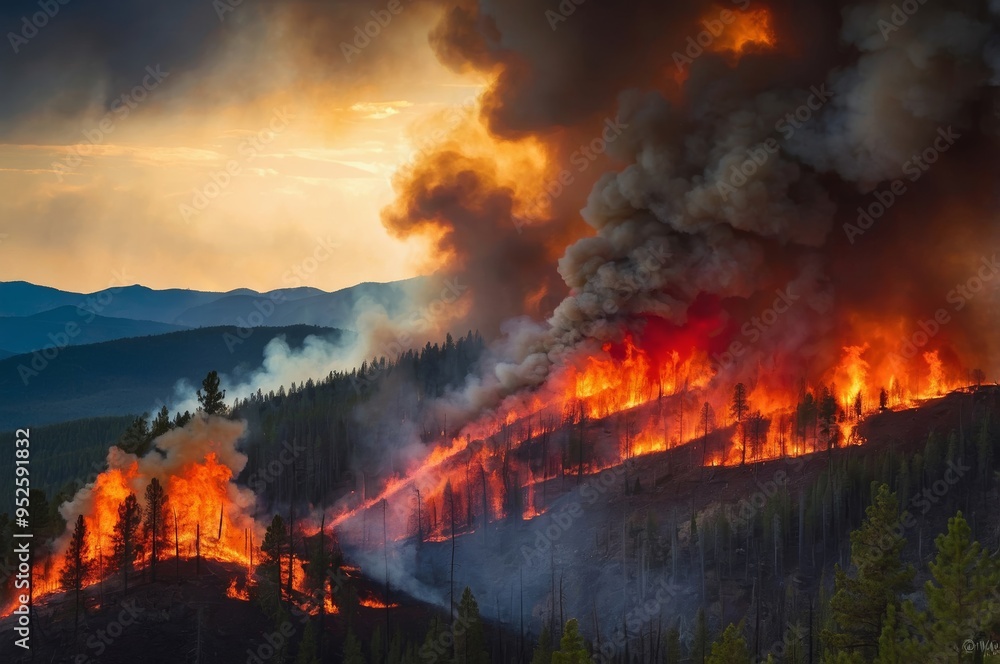 Fototapeta premium Fiery sunset over forest fire