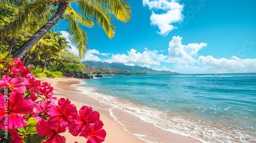 Tropical Beach Paradise with Pink Flowers and Palm Trees photo