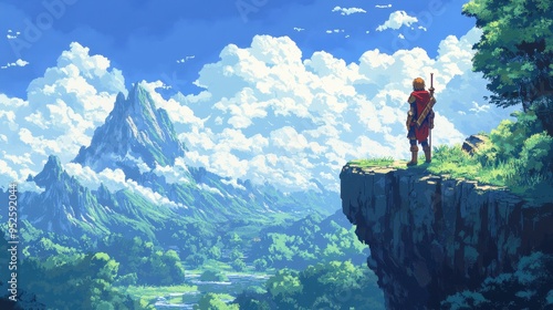 Retro Pixelated Character on Cliff in 16-Bit RPG Style with Copy Space - Clean Visual