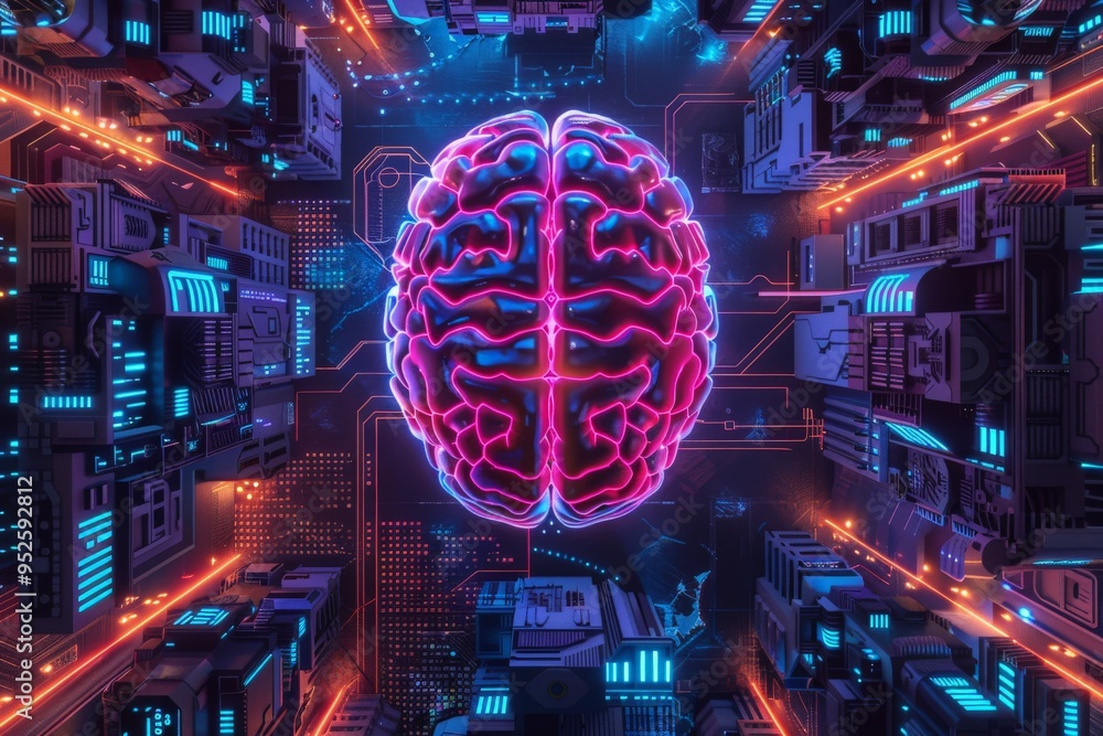 Obraz premium A vibrant, futuristic illustration of a brain, glowing with neon colors in a high-tech environment, representing advanced technology.