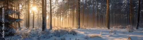 forest in winter with the sun in the background, ratio 32:9