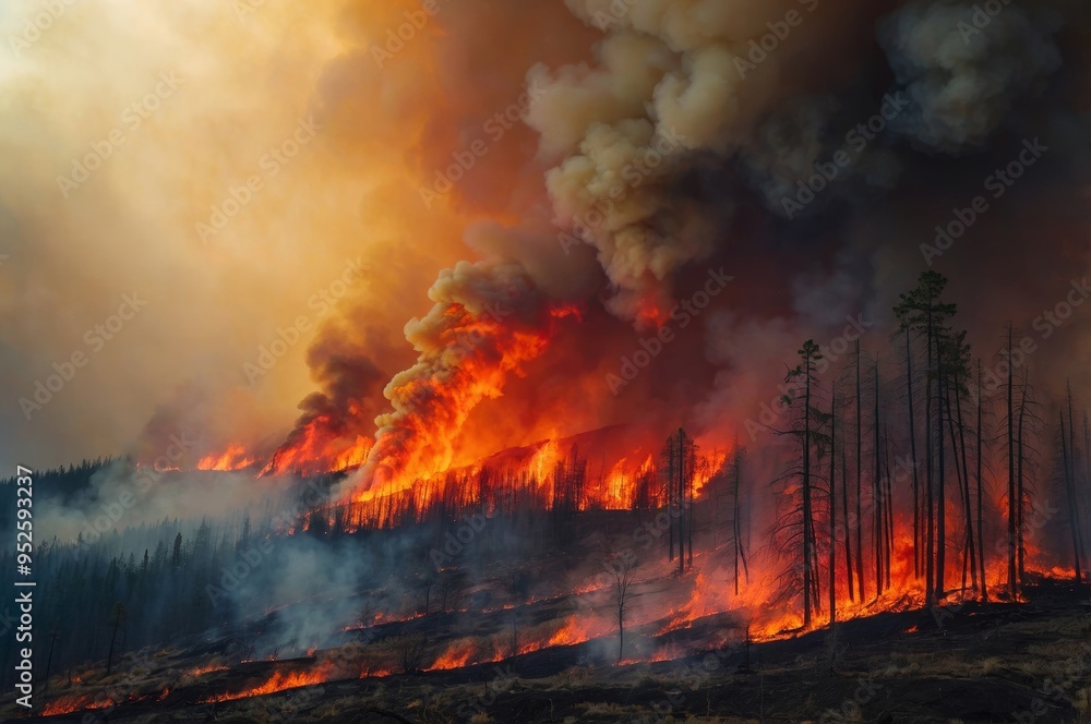 Obraz premium Forest fire raging through hillside