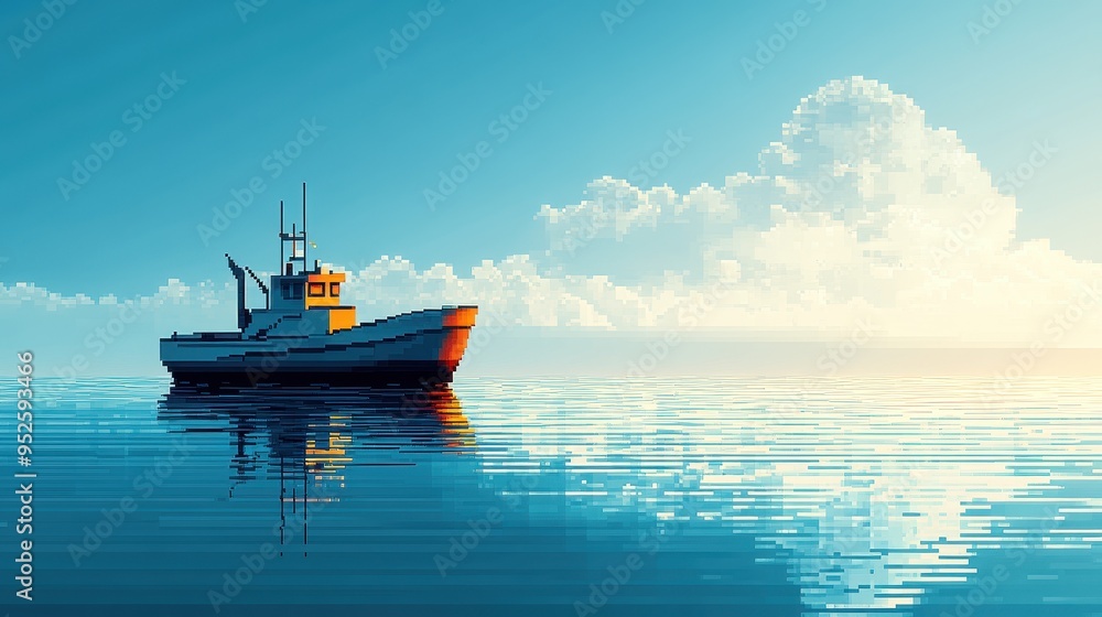 Pixelated Ship Sailing on Calm Ocean - Nostalgic Maritime 8-Bit Pixel Art with Copy Space Pixelated Ship Sailing on Calm Ocean - Nostalgic Maritime 8-Bit Pixel Art with Copy Space