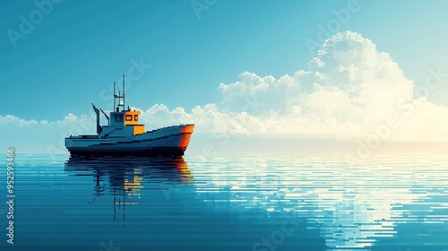 Pixelated Ship Sailing on Calm Ocean - Nostalgic Maritime 8-Bit Pixel Art with Copy Space
