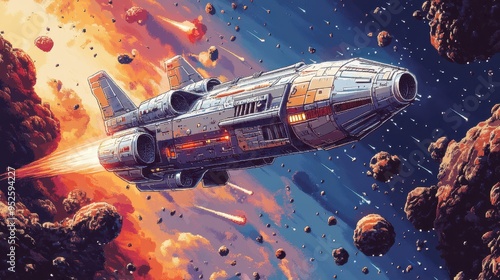 Wallpaper Mural Retro Arcade Game Concept with 8-Bit Pixelated Spaceship Flying Through Asteroids Against Contemporary Background for Copy Space Torontodigital.ca