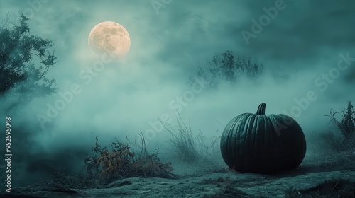 A spooky scene unfolds with a large pumpkin on a foggy hilltop as a full moon casts an eerie glow and distant howls can be heard in the night photo