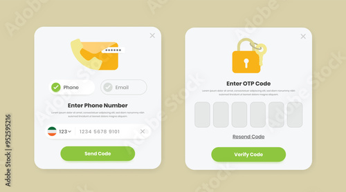 Secure login phone and email OTP verification popup ui element kit design with illustration