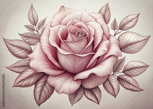 A delicate rose design unfurls with fine lines and subtle shading on a soft, smooth surface, exuding serene beauty and timeless elegance. photo