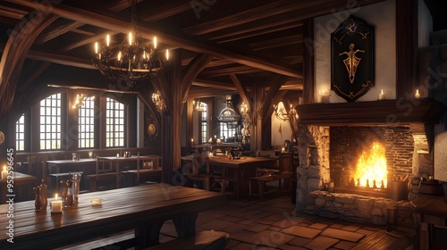 Cozy medieval tavern featuring wooden tables candlelight and a roaring fireplace Warm inviting with rich wood tones soft flickering light realistic 3D rendering