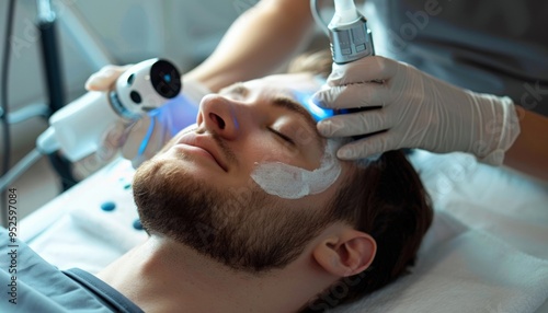 Man accepts procedure of hardware facial massage in a cozy and modern cosmetology office. client lying on a beauty table with his eyes closed while a therapist uses a machine to massage his face.