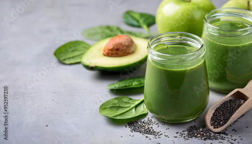 Vegetarian healthy green smoothie from avocado, spinach leaves, apple and chia seeds