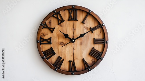 Wallpaper Mural Wooden wall clock with a vintage loft style, elegantly displayed on a white wall. Torontodigital.ca