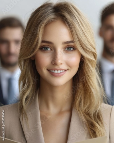 Wallpaper Mural A confident young woman with blonde hair smiles warmly, engaged in a lively discussion with her team in a modern office Torontodigital.ca