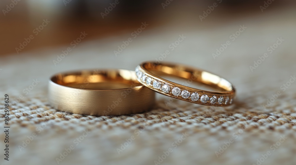 Two beautifully crafted wedding bands lie together, reflecting love and commitment in a cozy, inviting setting Two beautifully crafted wedding bands lie together, reflecting love and commitment in a cozy, inviting setting