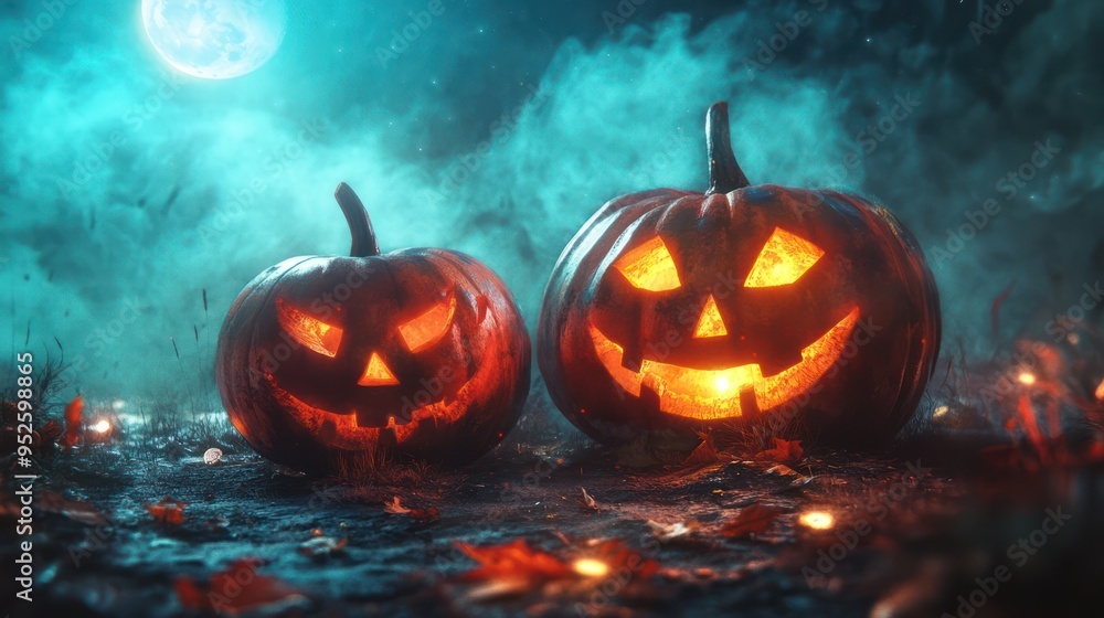 Two Jack-o'-Lanterns Glowing in a Foggy Forest Underneath a Full Moon Two Jack-o'-Lanterns Glowing in a Foggy Forest Underneath a Full Moon