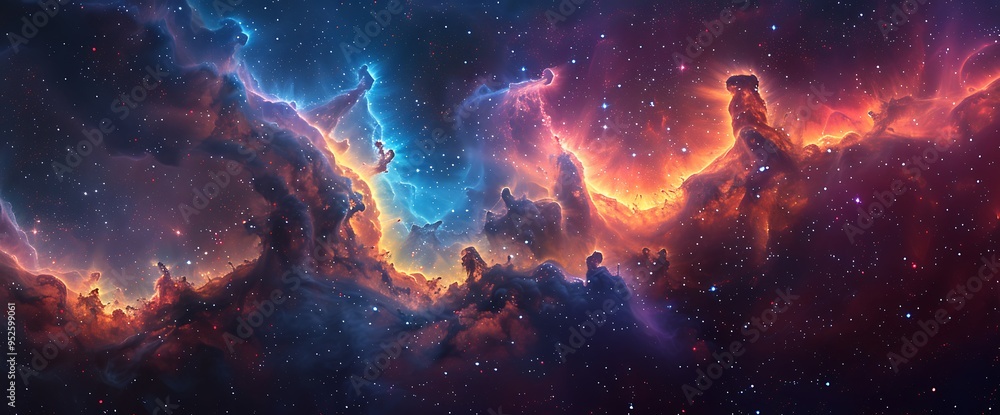 A cosmic panorama of nebulae, ablaze in hues of blue, orange, and red, against a backdrop of twinkling stars. A cosmic panorama of nebulae, ablaze in hues of blue, orange, and red, against a backdrop of twinkling stars.
