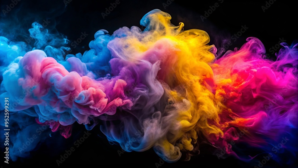 Vibrant, swirling clouds of colored smoke erupt into the air, creating a mesmerizing, abstract display of pink, blue, yellow, and purple hues against a black background. Vibrant, swirling clouds of colored smoke erupt into the air, creating a mesmerizing, abstract display of pink, blue, yellow, and purple hues against a black background.