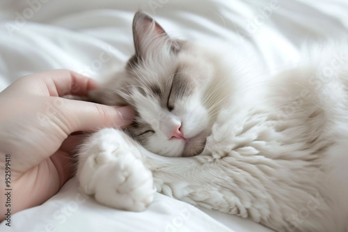 a white cat is sleeping on a white bed