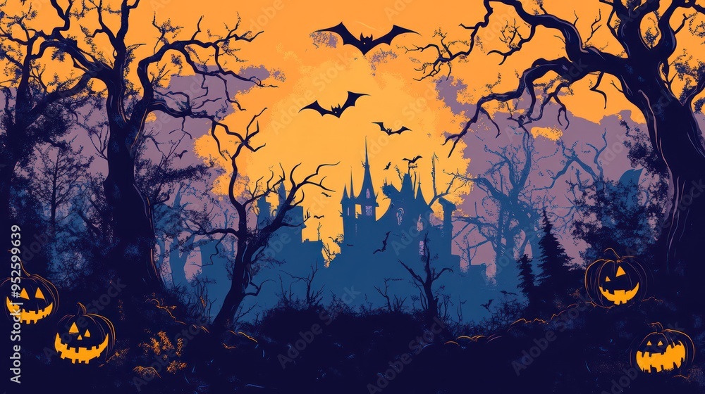 Haunted Forest with Glowing Jack-o'-Lanterns and Bats Flying Around a Silhouetted Castle Haunted Forest with Glowing Jack-o'-Lanterns and Bats Flying Around a Silhouetted Castle