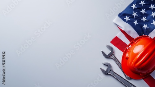 American flag laid flat with an engineer's hat and wrench placed near the bottom right corner, isolated on white background photo