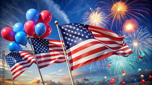 Vibrant American flags wave against a bright blue sky, surrounded by red, white, and blue balloons, and twinkling fireworks, celebrating Independence Day joy.