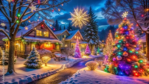 Vibrant and colorful holiday lights illuminate a winter wonderland scene, with sparkling snowflakes and twinkling decorations adorning trees, houses, and streets in a magical atmosphere.