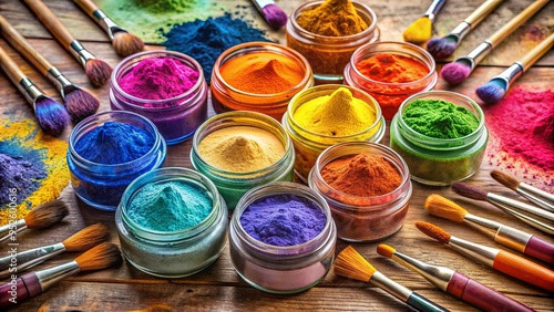 Vibrant array of powdered pigments in small glass jars arranged on a wooden table, surrounded by brushes and artistic tools, evoking creativity and inspiration. photo