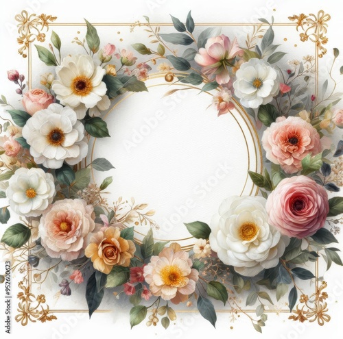 Elegant floral frame with assorted pastel flowers and greenery.