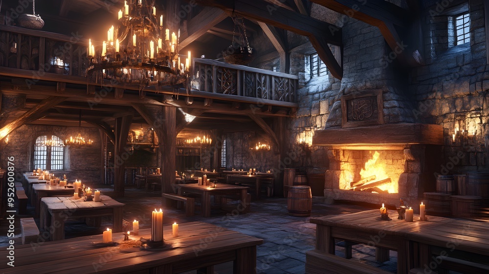 Inviting medieval tavern with candle-lit wooden tables and a roaring fireplace Warm with rich wood tones and soft flickering light realistic 3D rendering Inviting medieval tavern with candle-lit wooden tables and a roaring fireplace Warm with rich wood tones and soft flickering light realistic 3D rendering