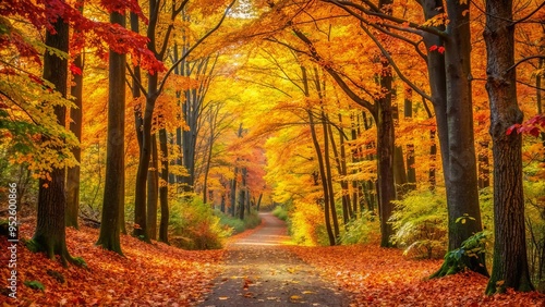 Vibrant autumn foliage frames a serene forest path, with golden leaves crunching beneath feet, as nature's kaleidoscope of colors celebrates the arrival of herbst.