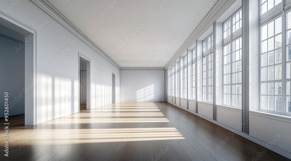 Un couloir avec pièce vide, mur blanc, sol en bois et lumière traversante éclairant l'intérieur. Un couloir avec pièce vide, mur blanc, sol en bois et lumière traversante éclairant l'intérieur.
