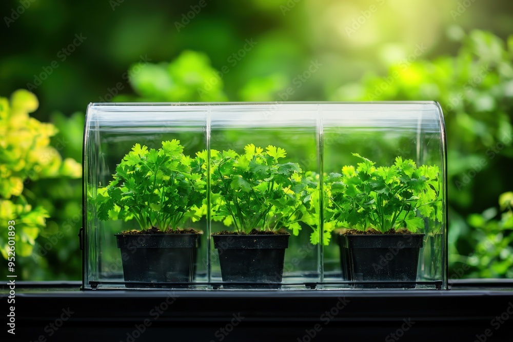 Three vibrant green plants grow inside a clear greenhouse, showcasing healthy foliage against a soft blurred background. Three vibrant green plants grow inside a clear greenhouse, showcasing healthy foliage against a soft blurred background.