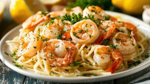 Lemon Garlic Shrimp Scampi Pasta: A plate of spaghetti pasta tossed in a creamy lemon garlic sauce with plump, juicy shrimp. The dish is garnished with fresh parsley and a few lemon slices.