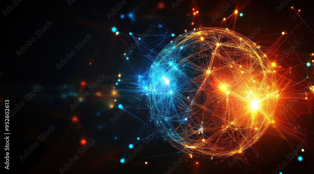 Sphère lumineuse abstraite avec des connexions de réseau sur un fond sombre, concept de big data et d'intelligence artificielle, image avec espace pour texte. Sphère lumineuse abstraite avec des connexions de réseau sur un fond sombre, concept de big data et d'intelligence artificielle, image avec espace pour texte.