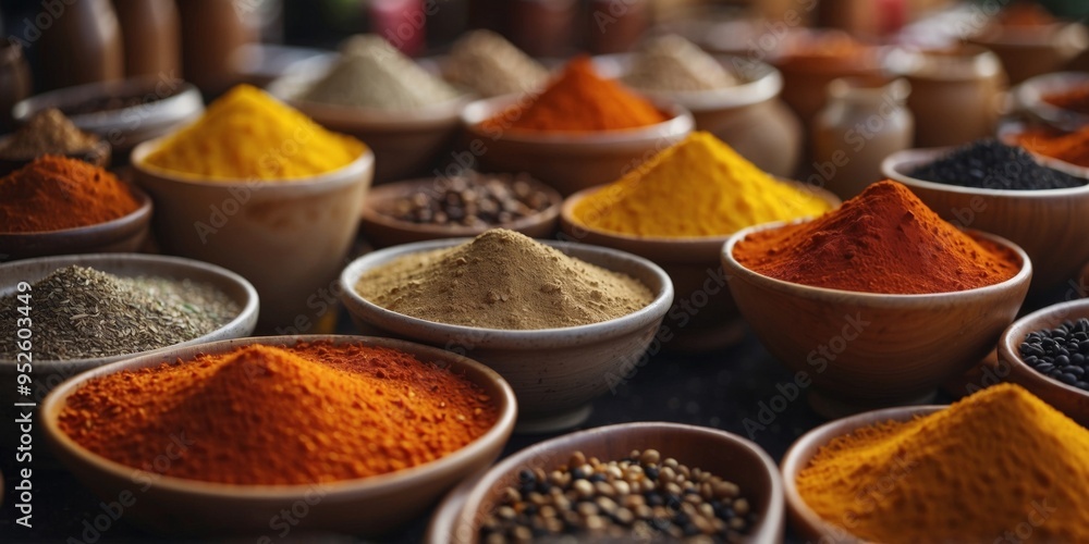 Assorted spices in bowls at market stall. Assorted spices in bowls at market stall.