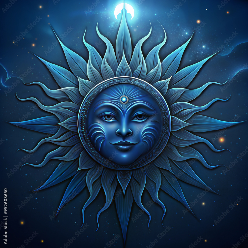Mystical blue sun design featuring a face with intricate details set against a starry sky Mystical blue sun design featuring a face with intricate details set against a starry sky